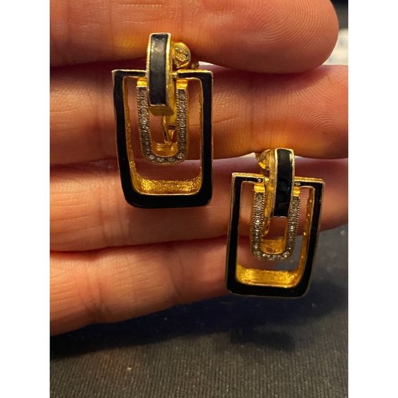 Vintage DG Signed Door Knock Black/Gold Clip-on Earrings  with Rhinestones - Picture 3 of 5